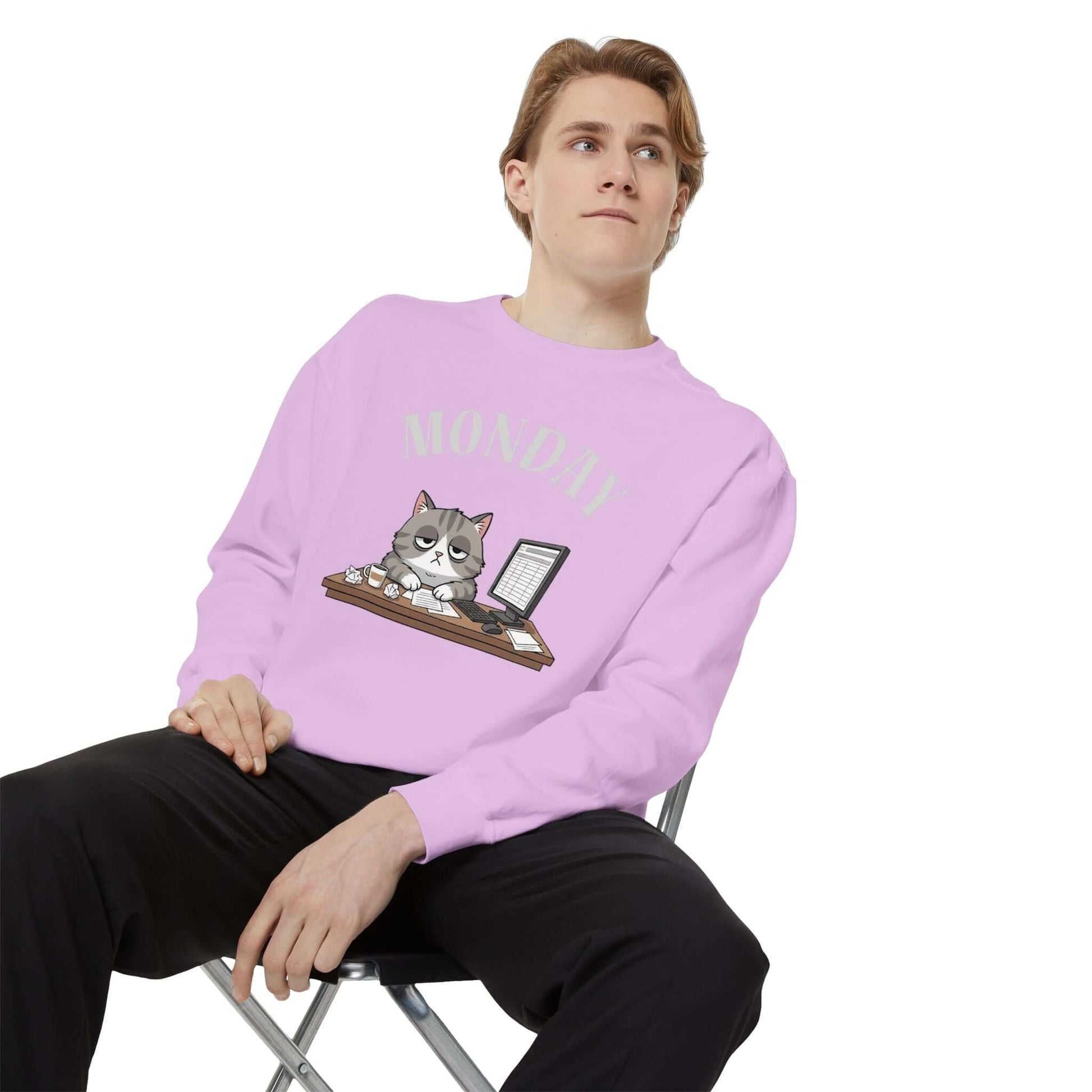 Monday Face Cat Stares Blankly Unisex Crewneck Sweatshirt modeled by a man sitting on a chair.