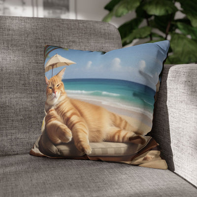 Relaxing Cat Beach Pillowcase - Cozy Spun Polyester Decorative Pillowcase for Cat Lovers