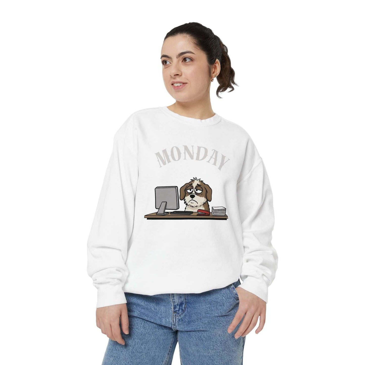 Monday Face Dog Stares Blankly Unisex Crewneck Sweatshirt featuring a dog at a desk under a 'MONDAY' banner.