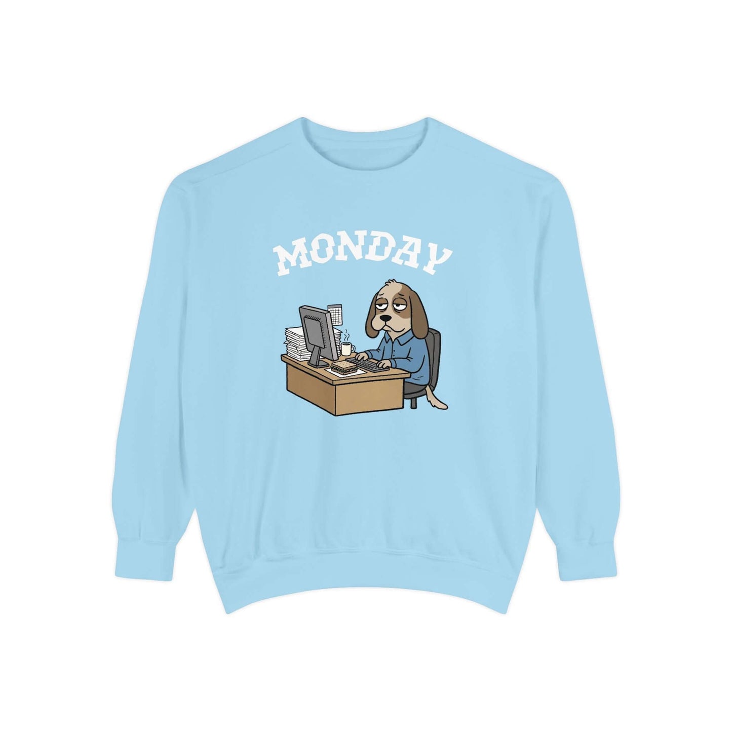Monday Face Dog Stares Blankly Unisex Crewneck Sweatshirt in light blue with cartoon dog at a desk