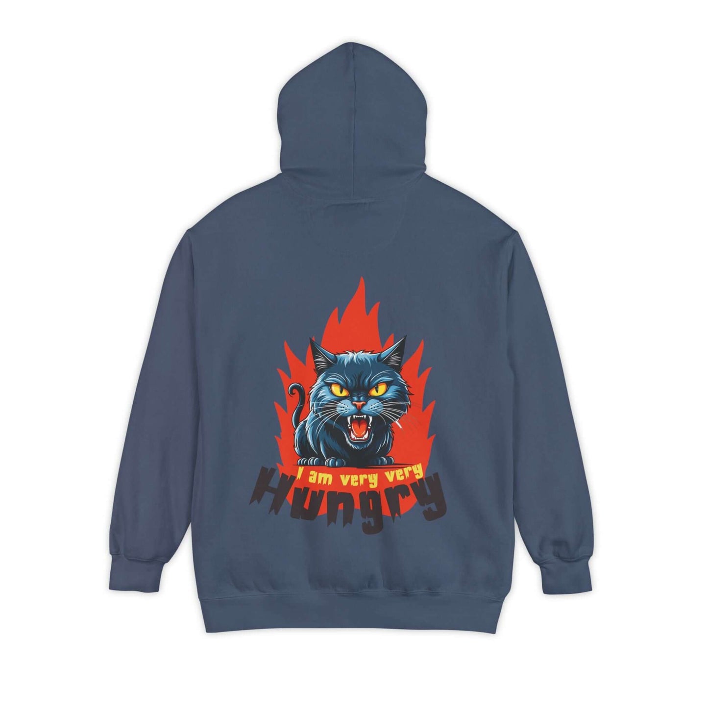 I am very very Hungry - Cartoon Cat Unisex Pullover Hoodie with a roaring black cat graphic and flame design on the back.