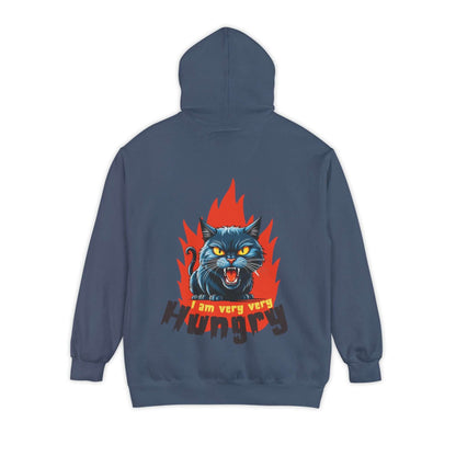I am very very Hungry - Cartoon Cat Unisex Pullover Hoodie with a roaring black cat graphic and flame design on the back.