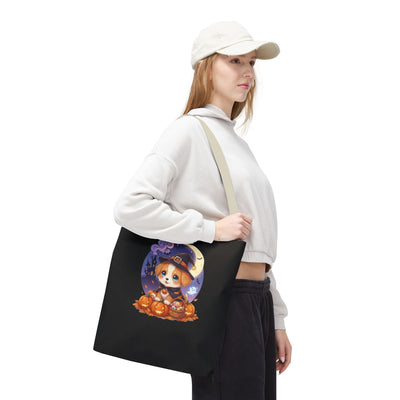 Adorable Halloween Puppy anime style Tote Bag, Pumpkin Lover Gift, Cute Dog Design, Witch Theme, Eco-Friendly Shopping Bag