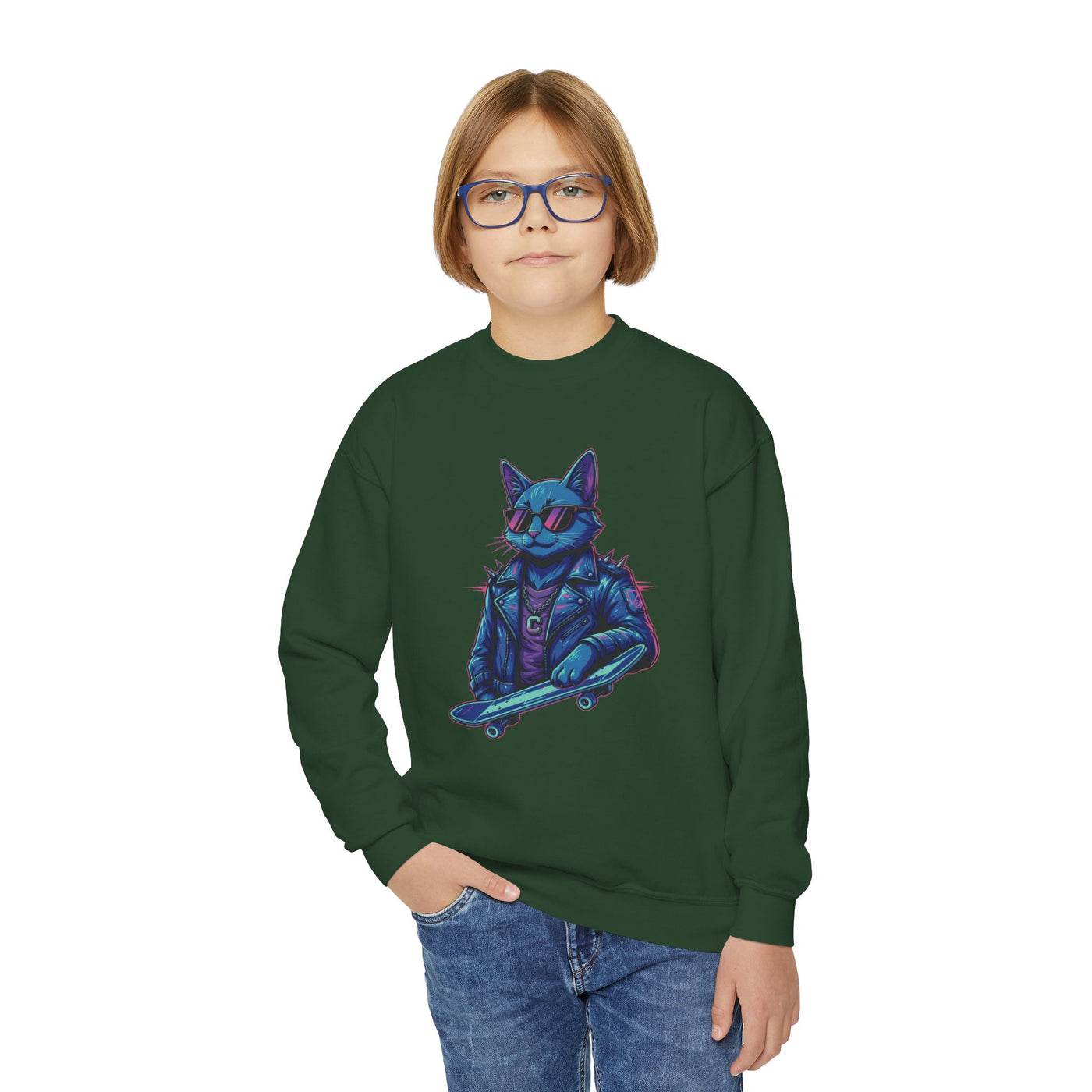 Cool Cat style 2 Youth Crewneck Sweatshirt - Cozy & Cute
