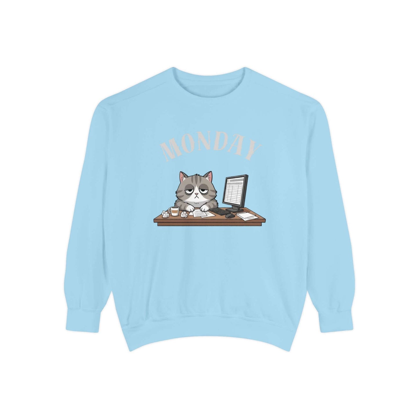 Monday Face Cat Stares Blankly Unisex Crewneck Sweatshirt featuring a cute cat illustration.