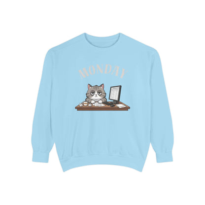 Monday Face Cat Stares Blankly Unisex Crewneck Sweatshirt featuring a cute cat illustration.