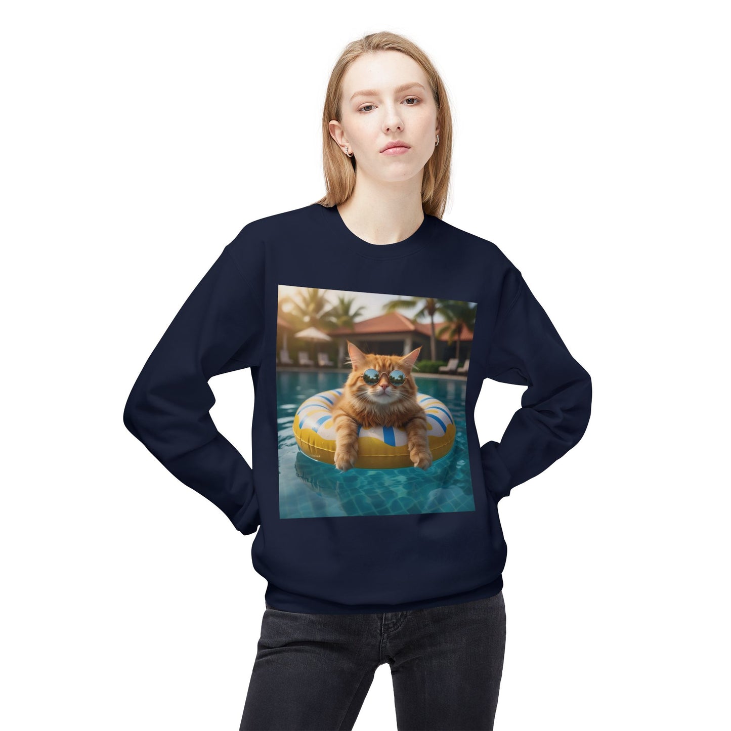 Swimming Pool Vibes Graphic Cat Unisex Crewneck Sweatshirt