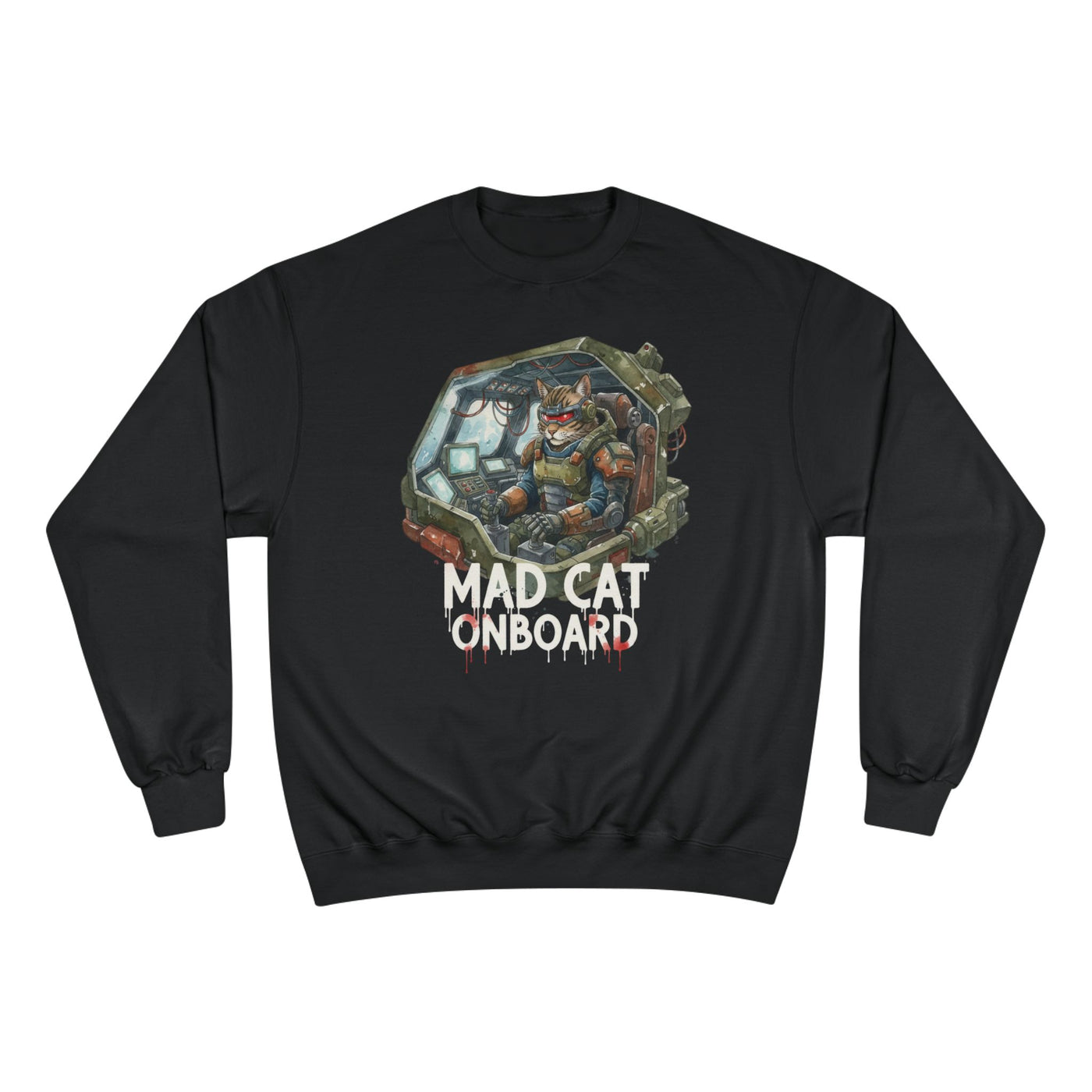 Mad Cat Onboard Graphic style 1 Champion Crewneck Sweatshirt for Gamers & Sci‑Fi Fans