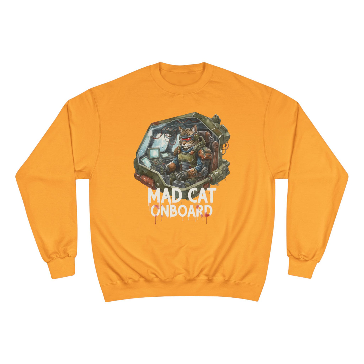 Mad Cat Onboard Graphic style 1 Champion Crewneck Sweatshirt for Gamers & Sci‑Fi Fans