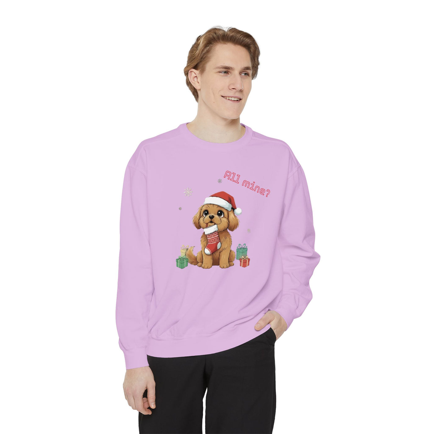 Cute Puppy waiting for Christmas presents style 8 Cozy Graphic Unisex Crewneck Sweatshirt