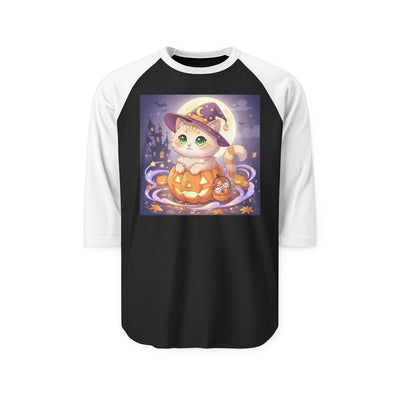 Halloween cute kitten anime style 4 Raglan Shirt, Unisex Halloween Top, Pumpkin Cat Shirt, Cute Cat Tee, Spooky Casual Wear