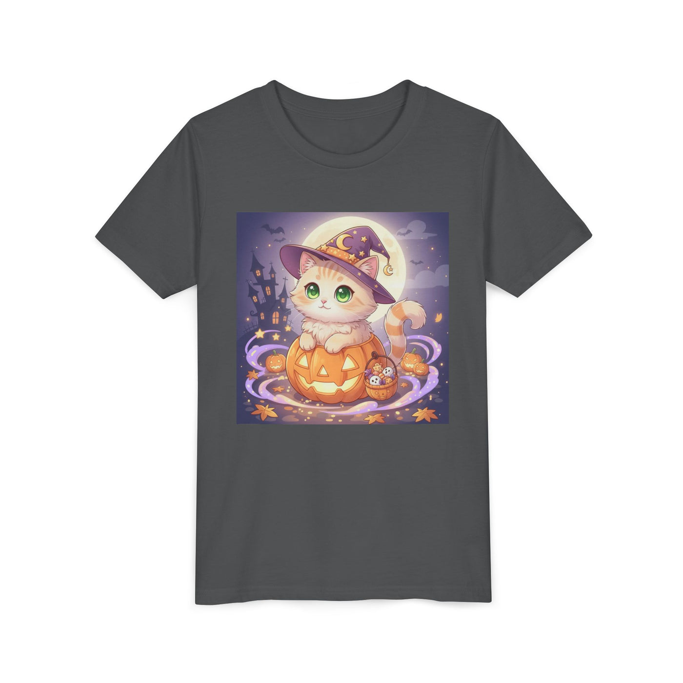 Halloween cute kitten anime style 4 Unisex Youth Tee | T-Shirt, Cute Pumpkin Shirt, Kids Halloween Outfit, Cat Lover Gift, Fun Fall Apparel