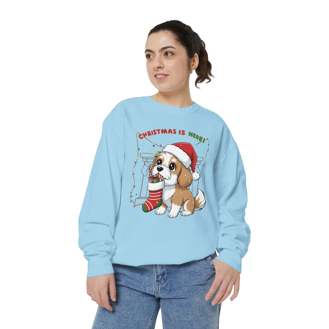 Cute Puppy waiting for Christmas presents style 5 Cozy Graphic Unisex Crewneck Sweatshirt