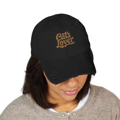 Cats Lover Distressed Embroidered Cap Dad Hat Brown Words