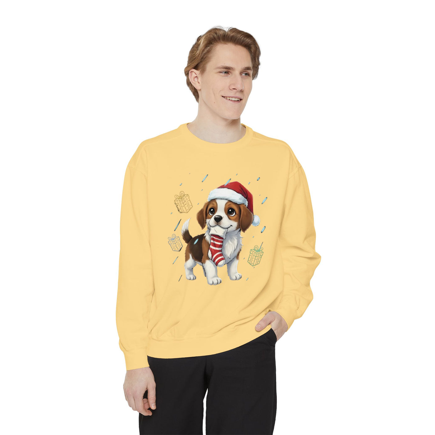 Cute Puppy waiting for Christmas presents style 6 Cozy Graphic Unisex Crewneck Sweatshirt