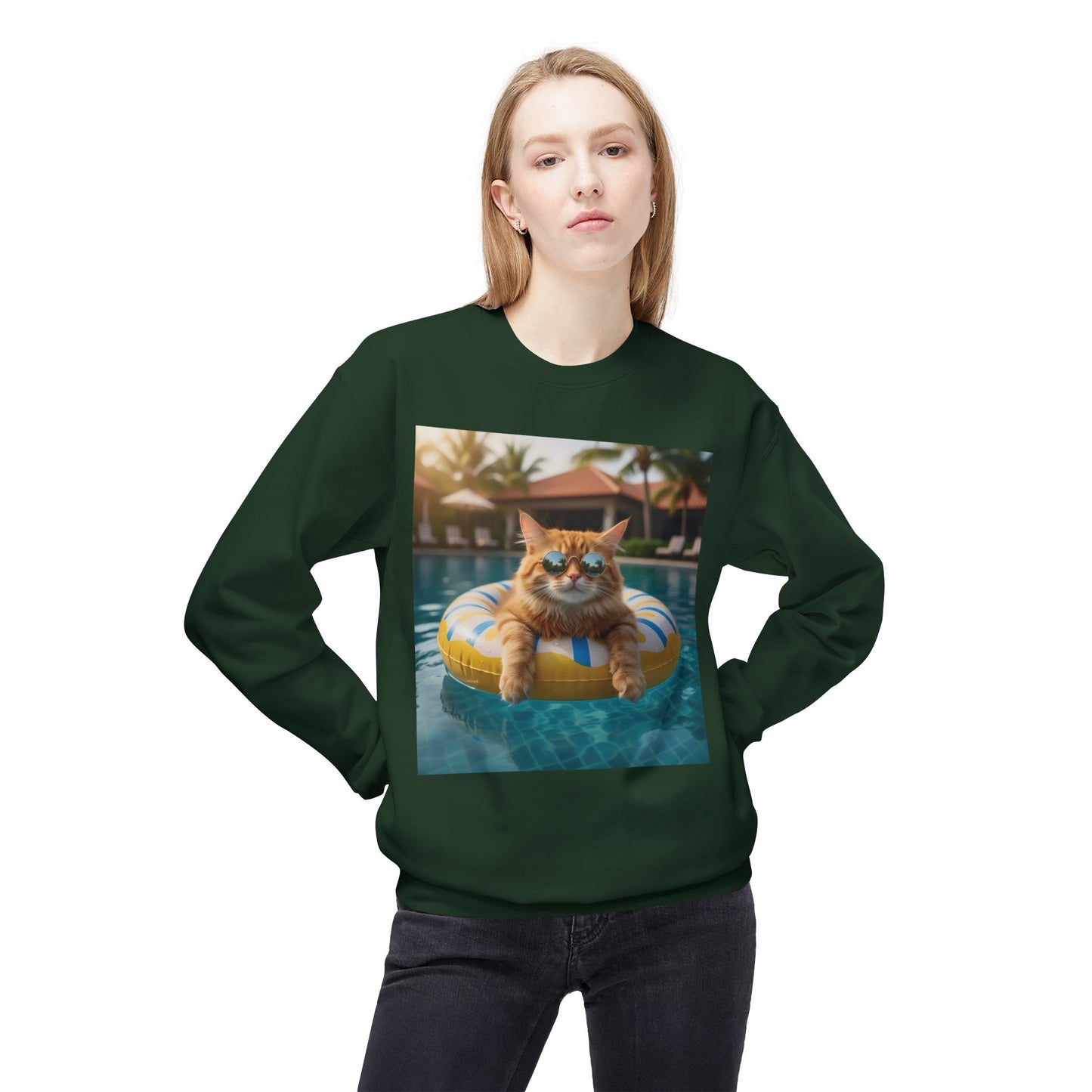 Swimming Pool Vibes Graphic Cat Unisex Crewneck Sweatshirt
