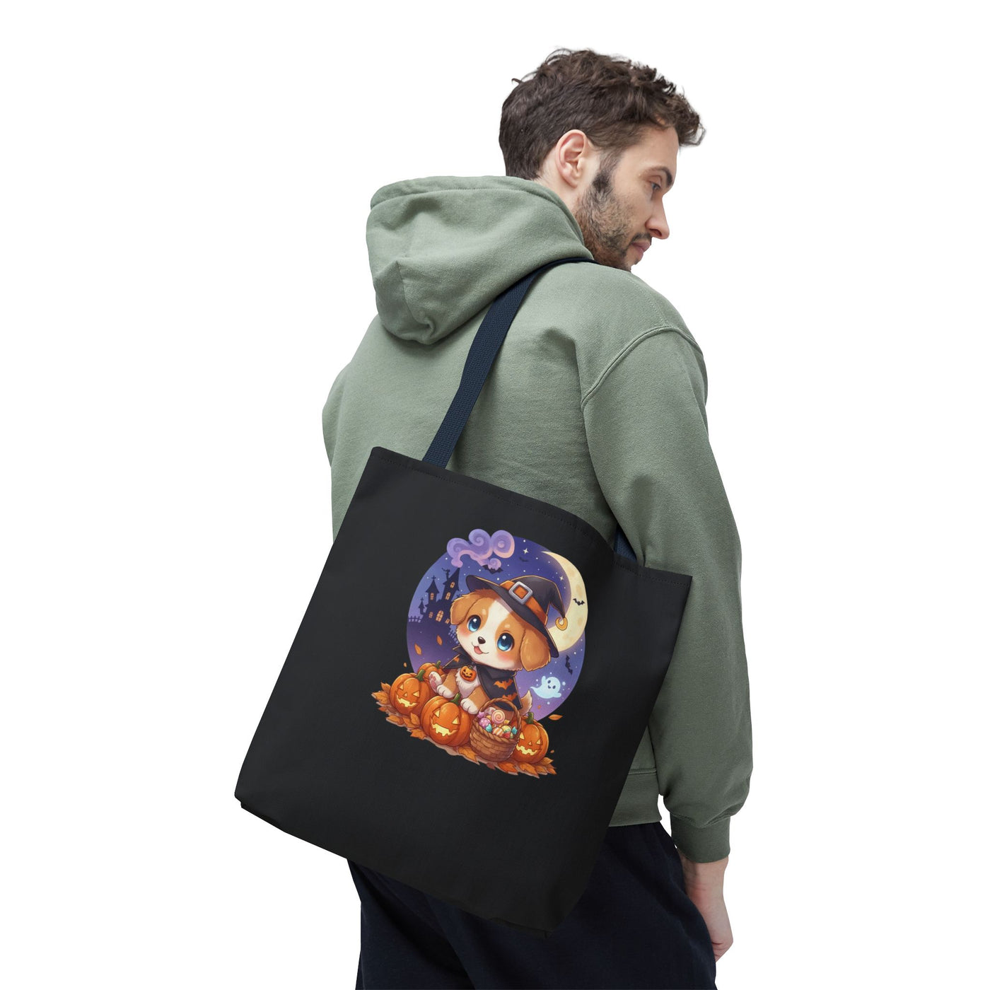 Adorable Halloween Puppy anime style Tote Bag, Pumpkin Lover Gift, Cute Dog Design, Witch Theme, Eco-Friendly Shopping Bag