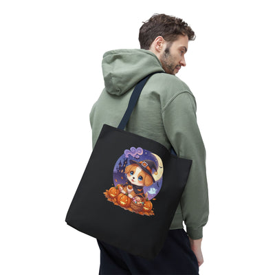 Adorable Halloween Puppy anime style Tote Bag, Pumpkin Lover Gift, Cute Dog Design, Witch Theme, Eco-Friendly Shopping Bag