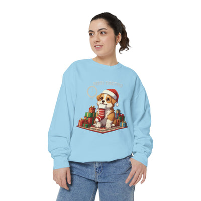 Cute Puppy waiting for Christmas presents style 1 Cozy Graphic Unisex Crewneck Sweatshirt