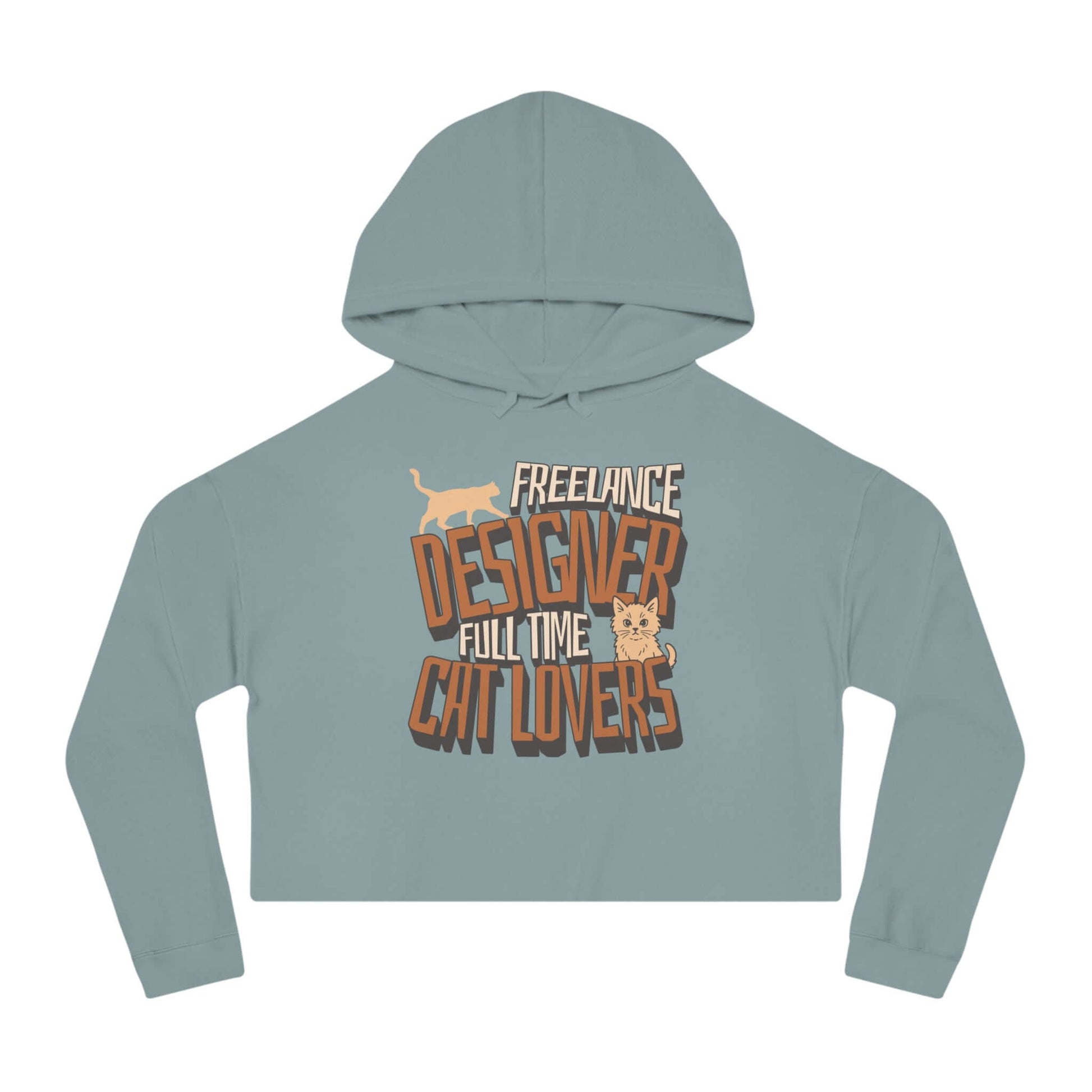 Full Time Cat Lovers - Cat Graphic Women Cropped Hoodie in teal with playful cat graphics.