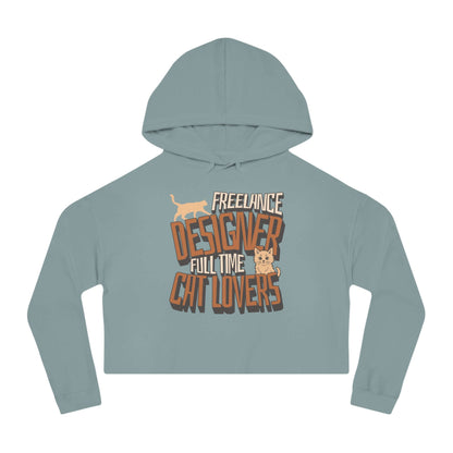 Full Time Cat Lovers - Cat Graphic Women Cropped Hoodie in teal with playful cat graphics.