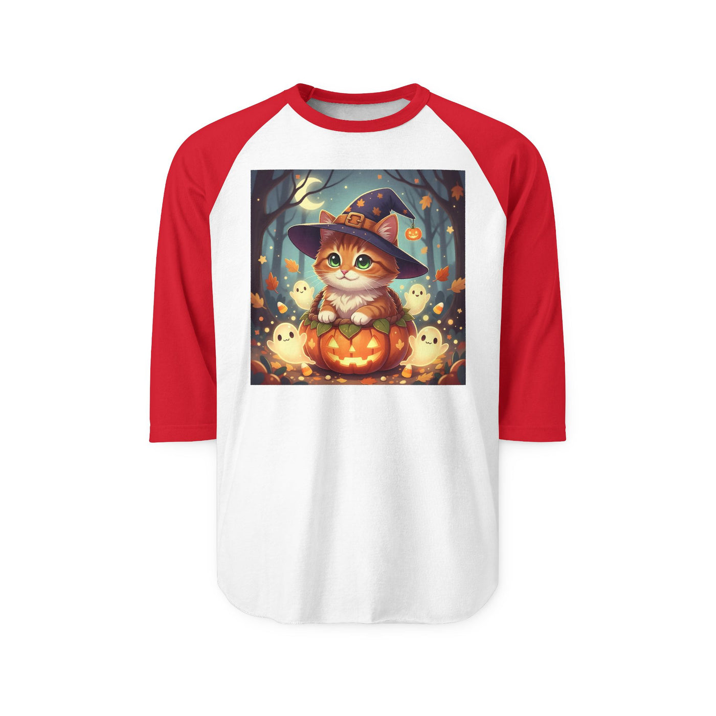 Halloween cute kitten anime style 3 Raglan Shirt, Unisex Halloween Top, Pumpkin Cat Shirt, Cute Cat Tee, Spooky Casual Wear