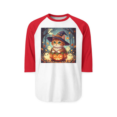 Halloween cute kitten anime style 3 Raglan Shirt, Unisex Halloween Top, Pumpkin Cat Shirt, Cute Cat Tee, Spooky Casual Wear