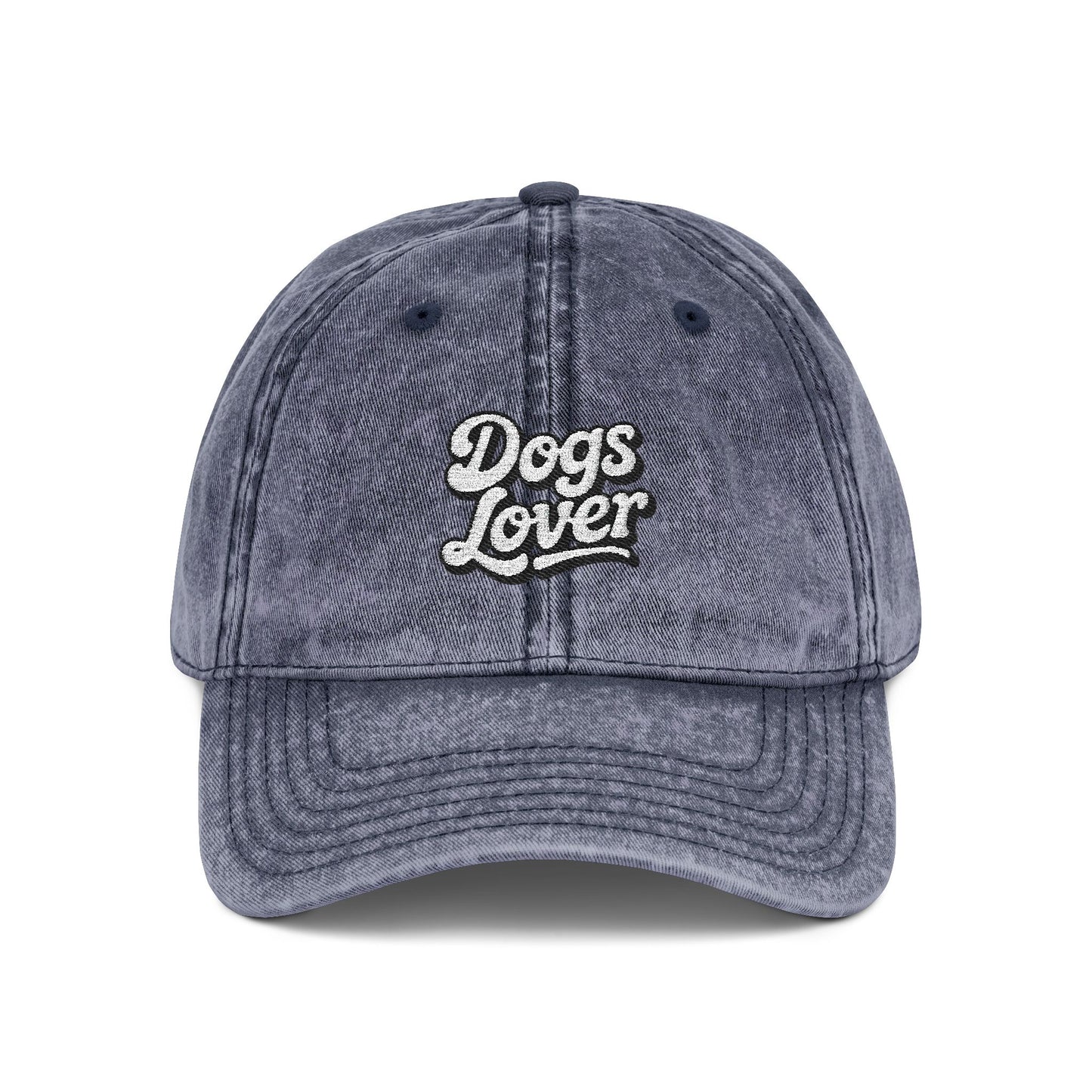 Dogs Lover Vintage Embroidered Cap Dad Hat Grey Words featuring a cozy vintage script in raised embroidery.