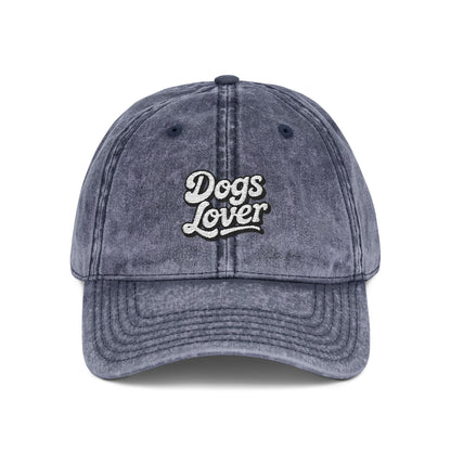 Dogs Lover Vintage Embroidered Cap Dad Hat Grey Words featuring a cozy vintage script in raised embroidery.