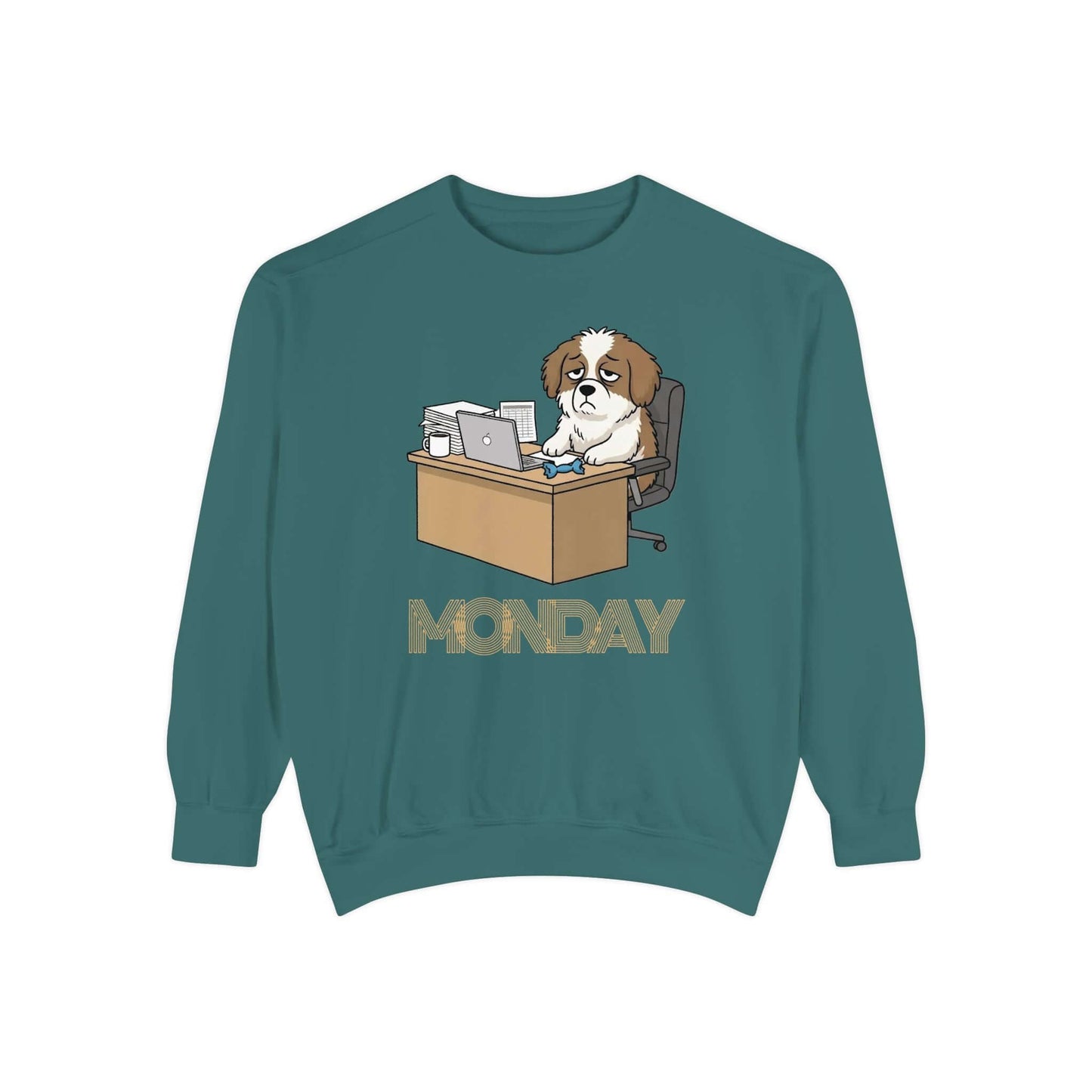 Monday Face Dog Stares Blankly Unisex Crewneck Sweatshirt with dog at desk and "MONDAY" text
