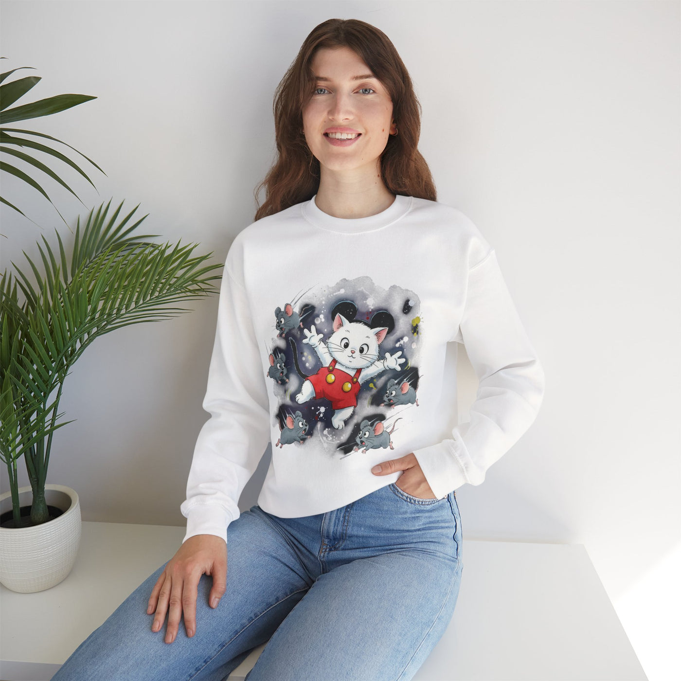 Watercolor painting style 2 Men & Women Cute Cat Pile Crewneck Sweatshirt