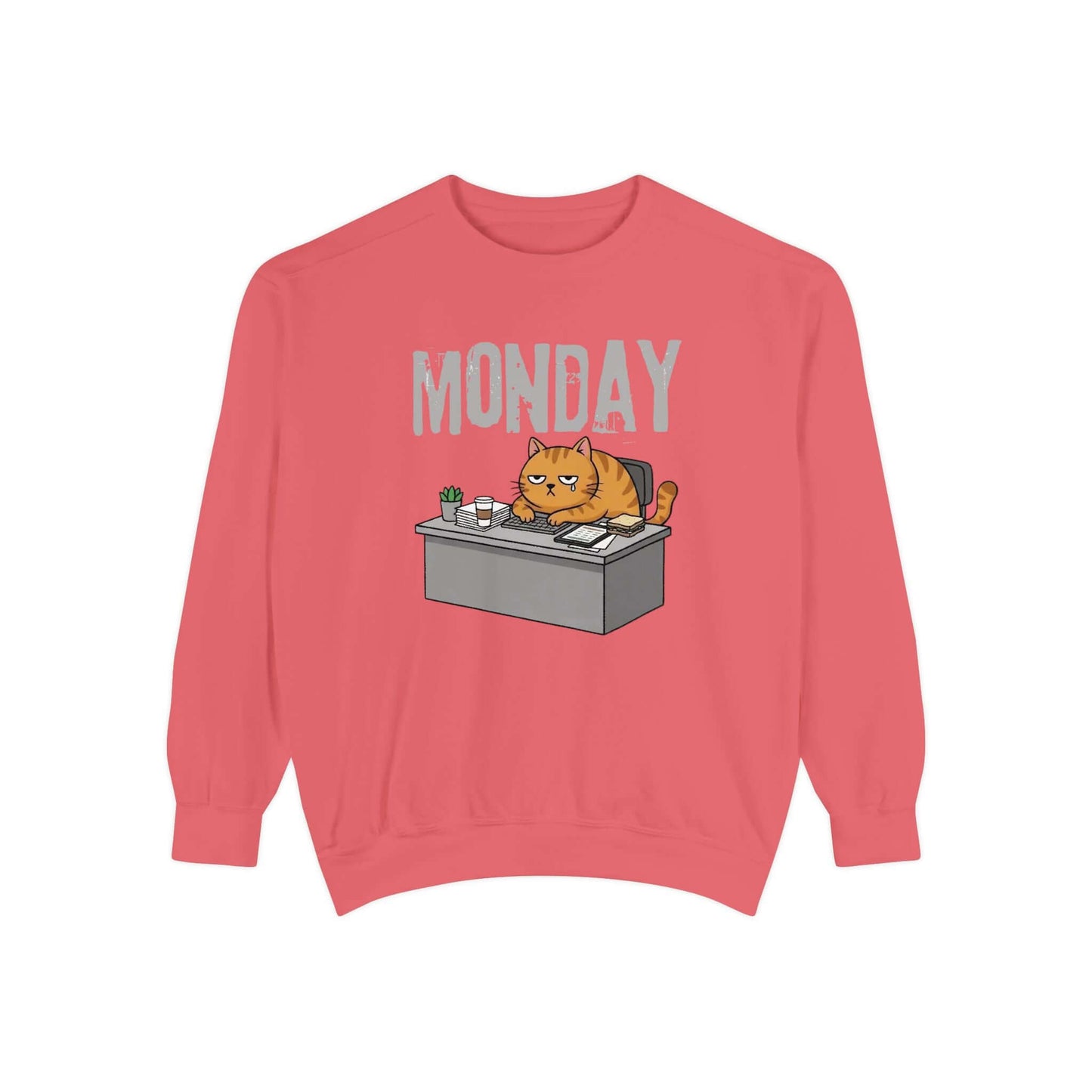 Monday Face Cat Stares Blankly Unisex Crewneck Sweatshirt featuring a cartoon cat at a desk with 'MONDAY' printed above.