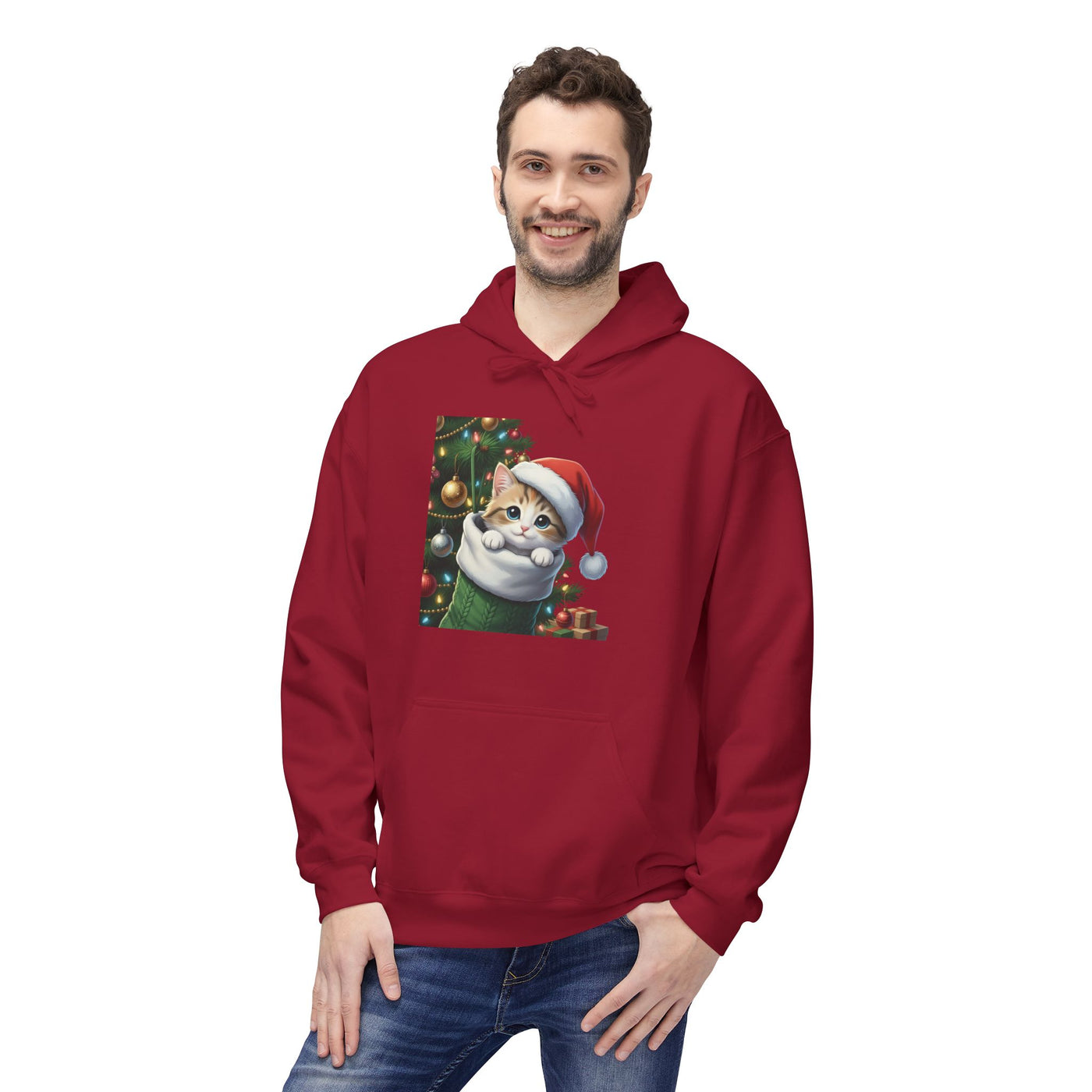 Adorable kitten hiding in Christmas stocking style 2 Cozy Graphic Unisex Midweight Softstyle Fleece Hoodie
