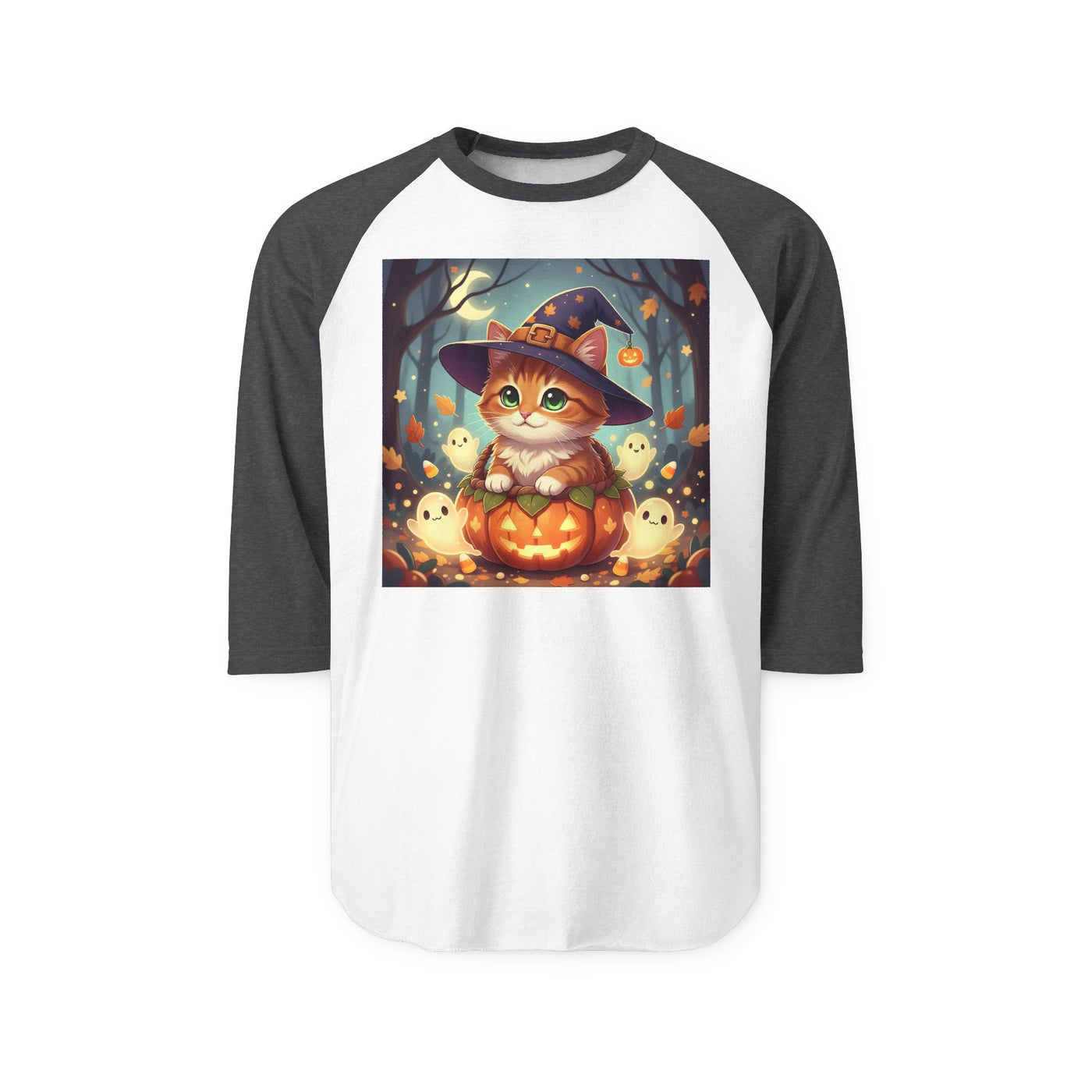 Halloween cute kitten anime style 3 Raglan Shirt, Unisex Halloween Top, Pumpkin Cat Shirt, Cute Cat Tee, Spooky Casual Wear