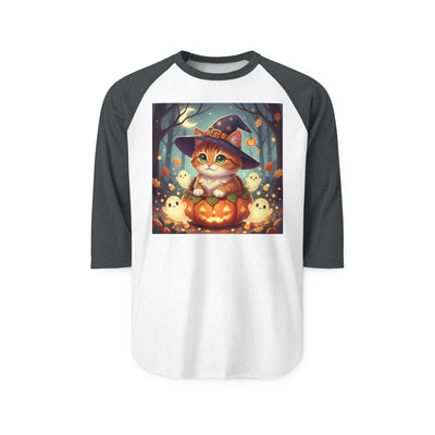 Halloween cute kitten anime style 3 Raglan Shirt, Unisex Halloween Top, Pumpkin Cat Shirt, Cute Cat Tee, Spooky Casual Wear