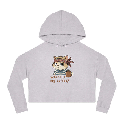 Where is my coffee - Cat Graphic Women Cropped Hoodie featuring a cute cat design with coffee mug.