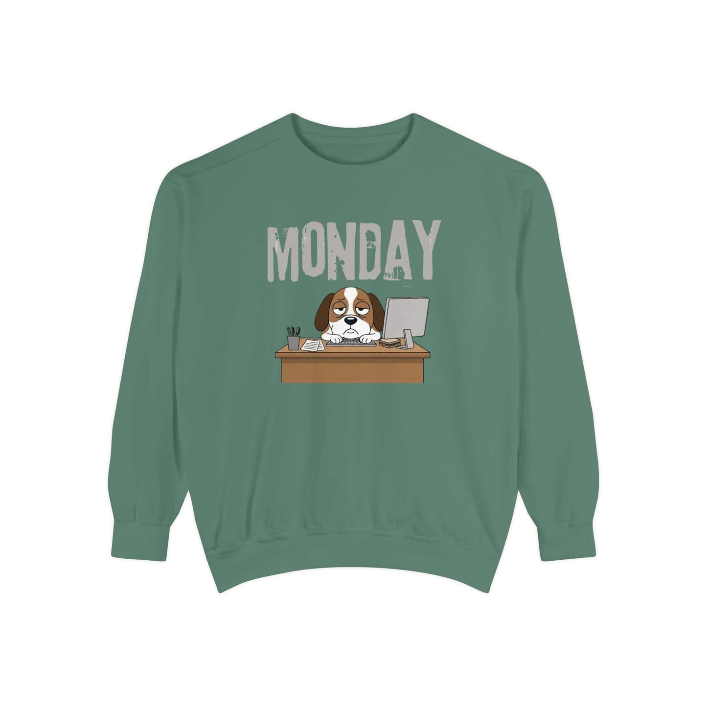 Monday Face Dog Stares Blankly Unisex Crewneck Sweatshirt in green with a dog under a Monday banner.