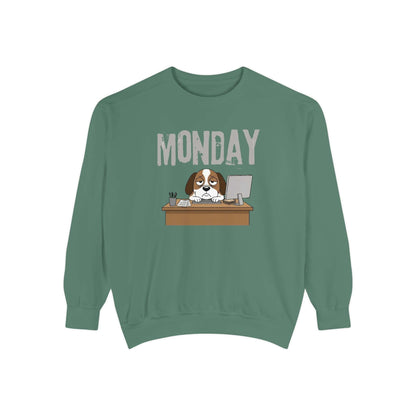 Monday Face Dog Stares Blankly Unisex Crewneck Sweatshirt in green with a dog under a Monday banner.