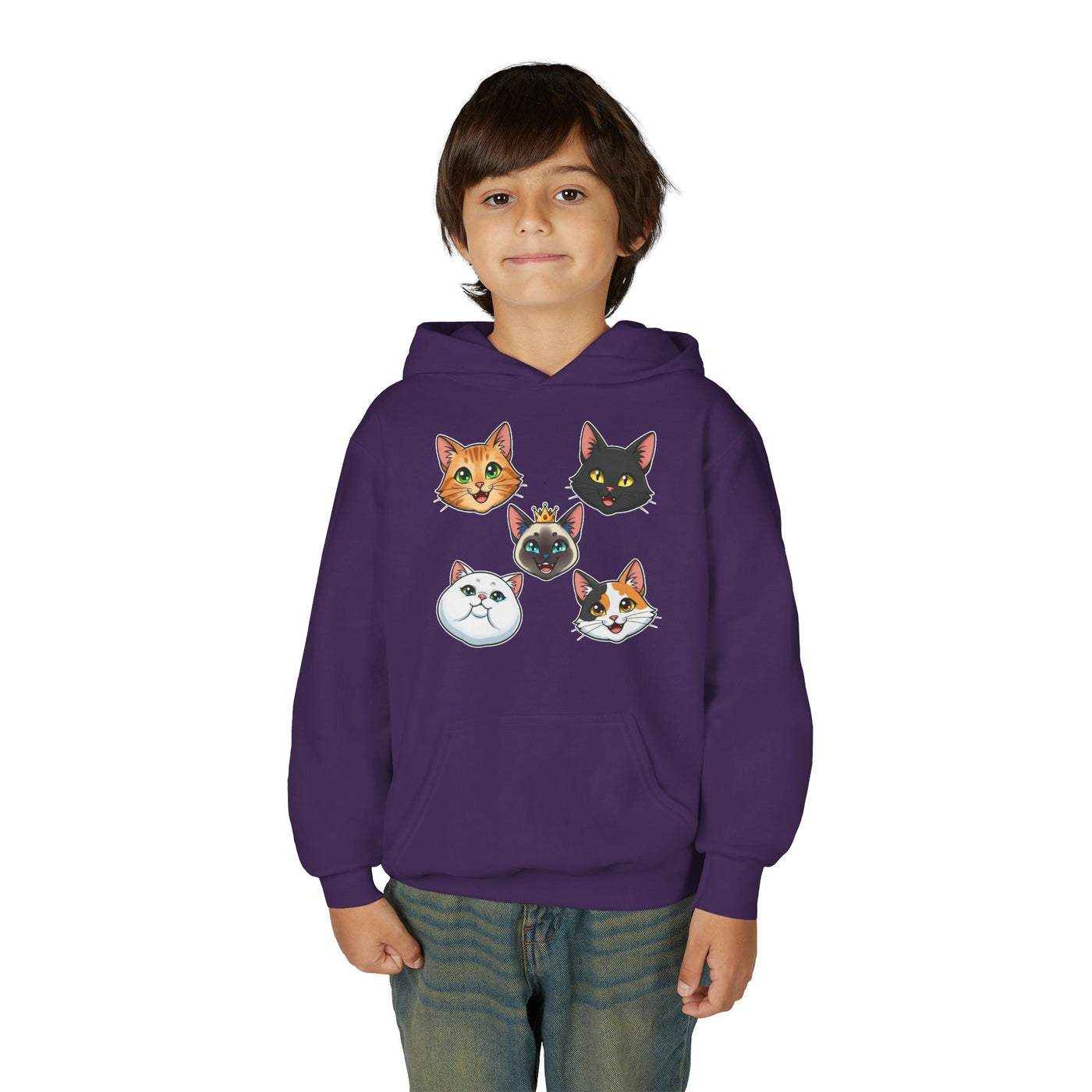 Cute Cat Heads Unisex Youth Hoodie, Fun Pet Lover Sweater, Kids Gift, Animal Lover Apparel, Perfect for Birthdays & Holidays