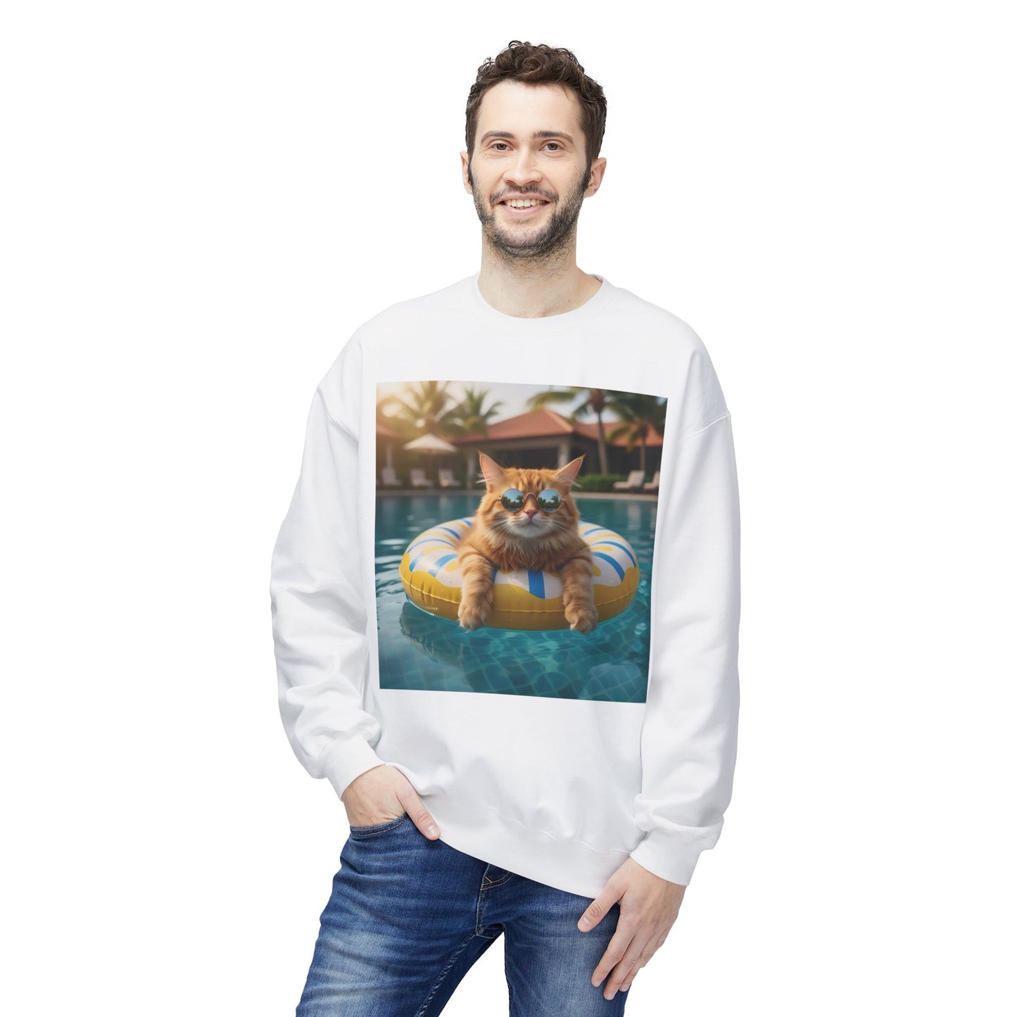 Swimming Pool Vibes Graphic Cat Unisex Crewneck Sweatshirt