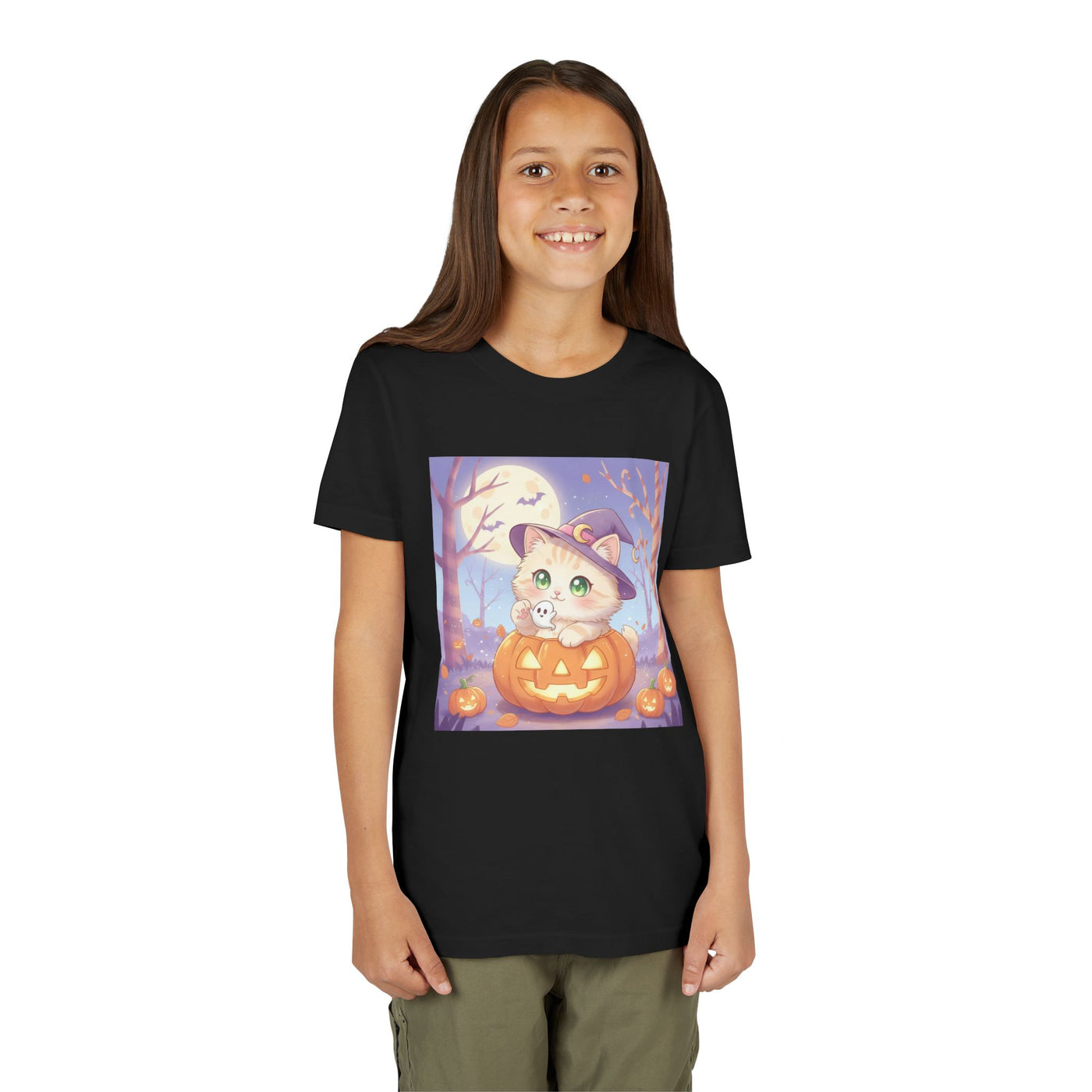 Halloween cute kitten anime style 1 Unisex Youth Tee | T-Shirt, Cute Pumpkin Shirt, Kids Halloween Outfit, Cat Lover Gift, Fun Fall Apparel