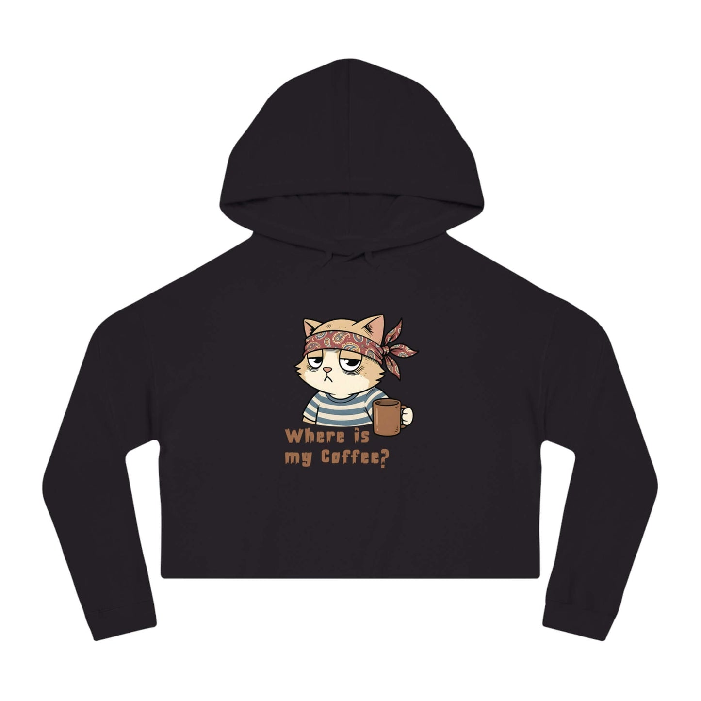 Where is my coffee - Cat Graphic Women Cropped Hoodie in black with playful cat design and adjustable hood.