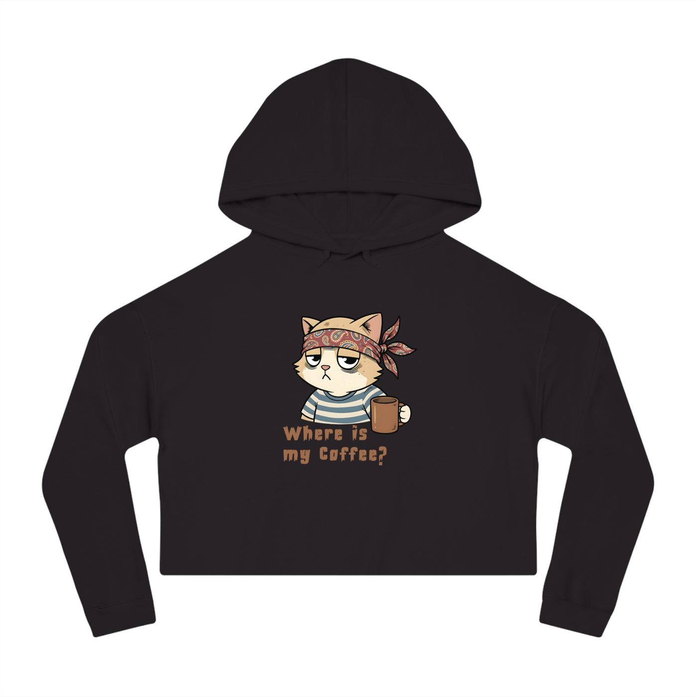 "Where is my coffee?" Cat Graphic Women Cropped Hoodie