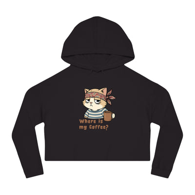"Where is my coffee?" Cat Graphic Women Cropped Hoodie