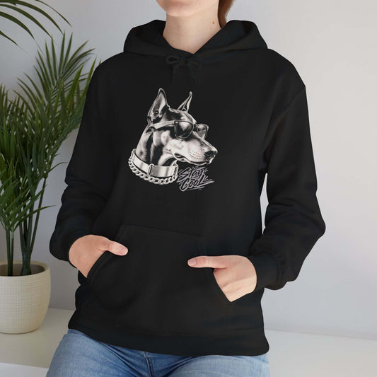 Stay Cool Doberman Portrait Unisex Pullover Hoodie featuring a bold Doberman illustration and stylish sunglasses.