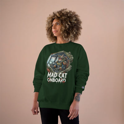 Mad Cat Onboard Graphic style 1 Champion Crewneck Sweatshirt for Gamers & Sci‑Fi Fans