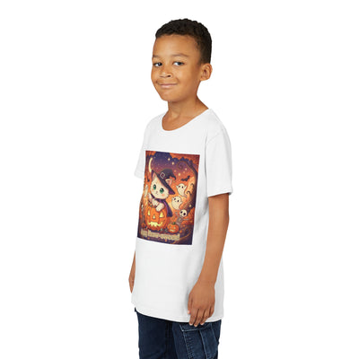 Halloween cute kitten anime style 6 Unisex Youth Tee | T-Shirt, Cute Pumpkin Shirt, Kids Halloween Outfit, Cat Lover Gift, Fun Fall Apparel