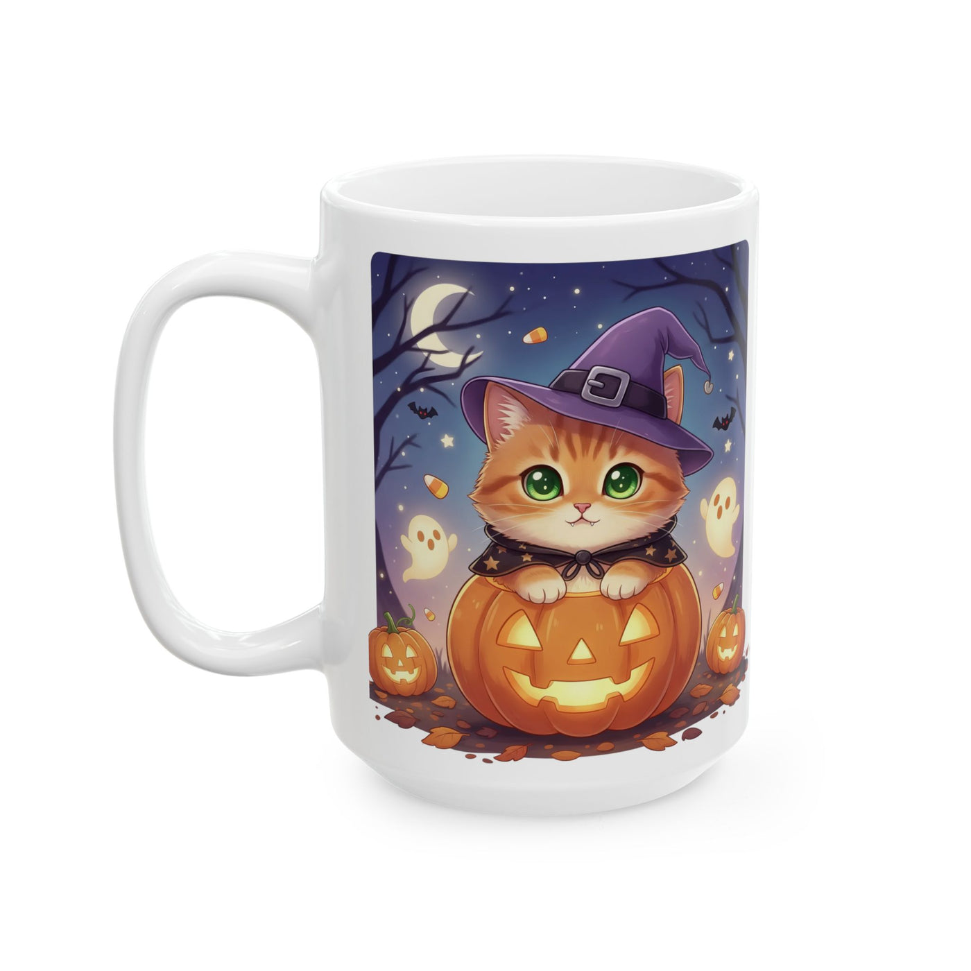 Halloween Themed style 2 Ceramic Mug, Cozy Fall Coffee Cup, Ghosts & Pumpkins Design, Seasonal Gift, Spooky Mug for Halloween Celebrations