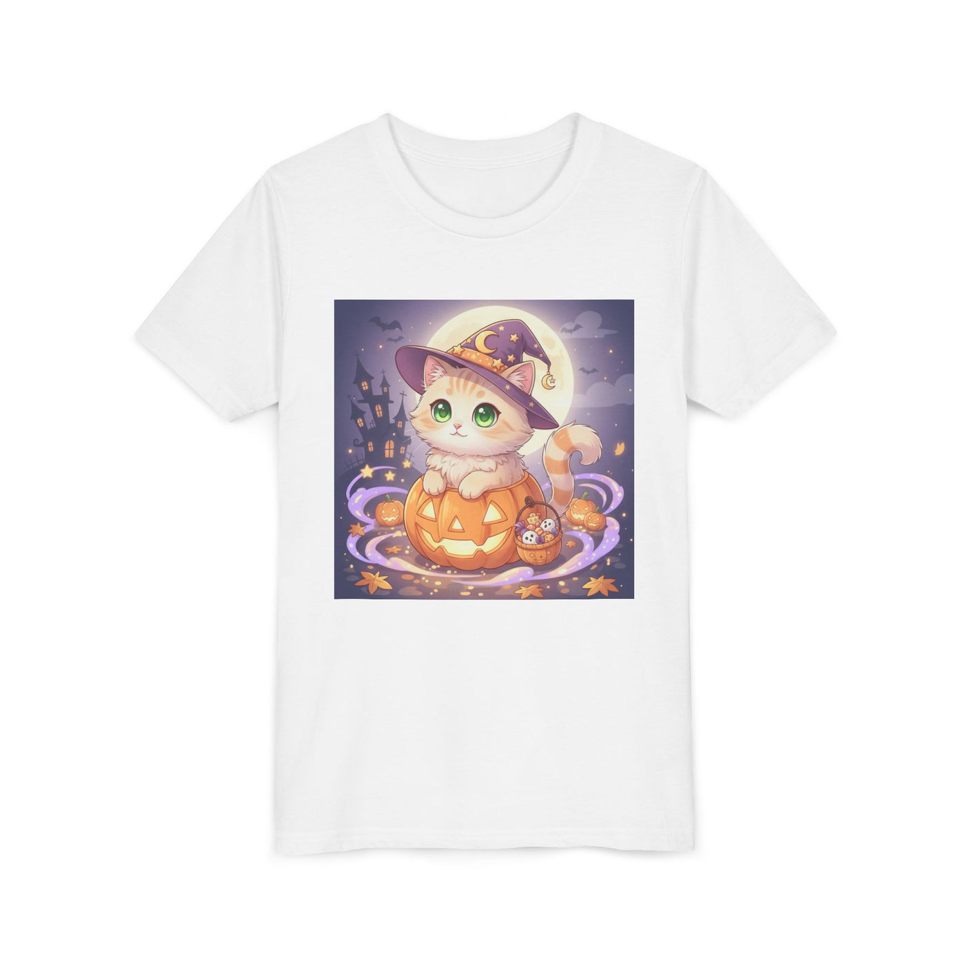 Halloween cute kitten anime style 4 Unisex Youth Tee | T-Shirt, Cute Pumpkin Shirt, Kids Halloween Outfit, Cat Lover Gift, Fun Fall Apparel