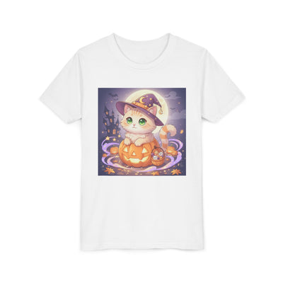 Halloween cute kitten anime style 4 Unisex Youth Tee | T-Shirt, Cute Pumpkin Shirt, Kids Halloween Outfit, Cat Lover Gift, Fun Fall Apparel